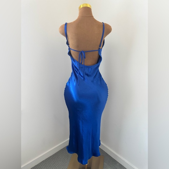 Blue Satin Maxi Dress with Cowl Neckline & Spaghetti Straps - Picture 2 of 13